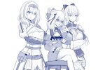  3girls artist_name astraea_(atelierastraea) belt bow braid breasts cleavage_cutout clothing_cutout copyright crossed_legs crown_braid detached_sleeves double_bun dress fingerless_gloves flat_chest gloves greyscale hair_bow hololive huge_breasts large_breasts meme monochrome multiple_girls partially_fingerless_gloves pixiv_id ponytail pouch servants_holding_aphrodite&#039;s_breasts_(meme) shaded_face shiranui_flare shirogane_noel short_dress shuumatsu_no_valkyrie signature sitting stool uruha_rushia vambraces 