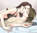  2girls artist_name beige_sweater black_bra blue_eyes blush bra brown_hair cellphone commentary_request eye_contact girl_on_top green_hair imminent_kiss lips long_hair looking_at_another lying multiple_girls nail_polish nakagawa_yousuke on_back on_bed open_clothes original phone purple_eyes smartphone underwear yuri 