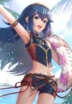  1girl alternate_costume armpits bikini blue_bikini blue_eyes blue_hair blue_swimsuit fire_emblem fire_emblem_awakening fire_emblem_cipher flat_chest gonzarez headpiece highres innertube island long_hair looking_at_viewer lucina_(fire_emblem) navel ocean open_mouth palm_tree rope_belt sidelocks smile solo swimsuit symbol-shaped_pupils thighs tiara tree water water_drop wet 