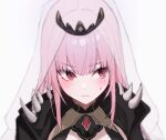  1girl black_cloak blush cloak closed_mouth cropped eyebrows_visible_through_hair frown highres hololive hololive_english long_hair mori_calliope nang_z1 pink_eyes pink_hair see-through simple_background solo spikes sweat tiara upper_body veil virtual_youtuber white_background 