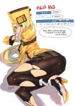  1girl ashiomi_masato ass blonde_hair blue_eyes breasts dress english_text fingerless_gloves gloves guilty_gear guilty_gear_xrd hat high_heels long_hair looking_at_viewer millia_rage pantyhose signature simple_background skirt solo torn_clothes torn_legwear white_background 