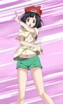  1girl black_eyes black_hair bow green_shorts hat highres long_hair looking_at_viewer midriff navel open_mouth pokemon pokemon_(game) pokemon_sm print_shirt purple_background red_headwear selene_(pokemon) shiny shiny_hair shirt short_shorts short_sleeves shorts solo standing stomach tied_shirt tsukishiro_saika v-shaped_eyebrows yellow_bow yellow_shirt 