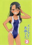  1girl asymmetrical_bangs bangs black_hair breasts color_halftone competition_swimsuit contrapposto copyright_name dark-skinned_female dark_skin ear_clip green_background hair_ornament hairclip hand_on_hip highres ijiranaide_nagatoro-san long_hair nagatoro_hayase official_art one-piece_swimsuit one_eye_closed salute simple_background small_breasts smile solo swimsuit 