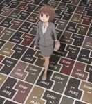  1girl bag bob_cut brown_hair commentary handbag keyboard_(computer) office_lady original pantyhose pencil_skirt short_hair skirt solo walking yajirushi_(chanoma) 