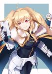  2girls anne_bonny_(fate) armor bad_id bad_pixiv_id blonde_hair breasts cosplay fate/grand_order fate_(series) gauntlets gawain_(fate) gawain_(fate)_(cosplay) highres long_hair mary_read_(fate) multiple_girls phone red_eyes short_hair smile twintails white_hair yaosan233 