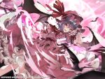  1girl ascot bat bat_wings eyebrows_visible_through_hair fang hair_between_eyes hat hat_ribbon highres kanechi light_purple_hair mob_cap moon official_art open_mouth pink_skirt pink_vest puffy_short_sleeves puffy_sleeves red_eyes remilia_scarlet ribbon second-party_source short_sleeves skirt tagme touhou touhou_danmaku_kagura vampire vest wings wrist_ribbon 