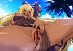 1girl blonde_hair blonde_pubic_hair blue_sky blush breasts censored clitoris clothing_aside dark_skin female_pubic_hair fingernails granblue_fantasy hair_intakes hair_ornament heart helel_ben_shalem highres large_breasts long_hair nipples pacifier pubic_hair pussy pussy_juice red_eyes sky solo sparkle squatting sweat swimsuit swimsuit_aside tenken_(gotannda) urethra very_long_hair 