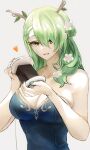  1girl antlers asmr bangs bare_shoulders binaural_microphone blue_dress braid branch breasts ceres_fauna cleavage dress green_hair hair_between_eyes hair_ornament heart highres hololive large_breasts long_hair nail_polish open_mouth side_braid strapless strapless_dress tommy_(kingdukeee) virtual_youtuber white_background yellow_eyes 
