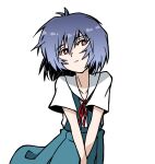  1girl arms_between_legs ayanami_rei blue_hair blue_skirt commentary looking_at_viewer multicolored multicolored_clothes neon_genesis_evangelion red_eyes red_ribbon ribbon sasihmi school_uniform short_hair simple_background skirt solo tagme white_background 