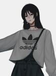  1girl adidas arm_up black_hair black_neckwear buttons choker cigarette eyebrows eyebrows_visible_through_hair green_pants grey_shirt highres lips looking_at_viewer neckwear original overalls pants shirt simple_background smoking white_background zaki_(zaki_btw) 