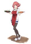  1girl absurdres alternate_costume apron azurda_(xenoblade) baffu bangs black_legwear breasts chest_jewel denim denim_shorts earrings eyebrows_visible_through_hair food gem highres holding holding_plate jewelry large_breasts looking_at_viewer pantyhose plate pyra_(xenoblade) red_apron red_eyes red_hair shirt short_hair shorts sidelocks simple_background slippers solo white_shirt xenoblade_chronicles_(series) xenoblade_chronicles_2 