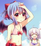  2girls :o \m/ ^_^ absurdres ahoge alternate_costume arm_up bangs bat_wings bikini blue_bikini blue_hair blue_sky blush bow braid breasts cleavage closed_eyes cloud collarbone commentary_request eyebrows_visible_through_hair eyelashes fingernails green_ribbon hair_bow hair_ribbon half_updo heart highres izayoi_sakuya large_breasts multiple_girls navel open_mouth outdoors own_hands_clasped own_hands_together red_bow red_eyes remilia_scarlet ribbon ruhika sidelocks silver_hair sky small_breasts standing stomach sweatdrop swimsuit touhou tress_ribbon twin_braids wings 