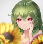  1girl bangs bare_shoulders blurry blurry_foreground breasts cleavage closed_mouth collarbone commentary_request depth_of_field eyebrows_visible_through_hair face fingernails flower green_hair grey_background hair_between_eyes hand_on_own_cheek hand_on_own_face hand_up kazami_yuuka long_hair looking_at_flowers nail_polish off_shoulder red_eyes red_nails shironeko_yuuki simple_background smile solo sunflower touhou upper_body yellow_flower 
