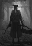  1other ambiguous_gender artist_name bloodborne capelet coat commentary_request copyright_name from_behind grey_background greyscale gun handgun hat highres holding holding_gun holding_weapon long_hair monochrome pistol ponytail saw_cleaver solo standing tricorne tripdancer weapon 