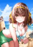  1boy 3girls asahina_mikuru bangs beach bikini blue_sky blush book breasts brown_hair chibi cleavage cloud commentary_request day eyebrows_visible_through_hair hair_between_eyes hair_ribbon hairband hand_on_own_head highres holding holding_book holding_shovel hug kyon large_breasts long_hair looking_at_viewer multiple_girls nagato_yuki ocean outdoors purple_hair reading ribbon sand_castle sand_sculpture sarong scared short_hair shovel sky smile solo_focus suzumiya_haruhi suzumiya_haruhi_no_yuuutsu sweat swimsuit water white_bikini white_swimsuit yamada_(iroha97151188) yellow_hairband yellow_ribbon 