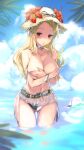  1girl ass_visible_through_thighs bikini bikini_bottom blonde_hair blue_sky breasts choker cloud commentary_request covering covering_nipples day flower flower_hat hat large_breasts long_hair looking_at_viewer navel ocean original partially_submerged red_eyes sky solo straw_hat swimsuit thigh_gap topless water wet yaegashi_nan 