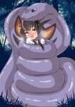  1girl anchor_symbol arbok bangs black_hair blush bound breath commission constriction crossover forest gen_1_pokemon grey_hair hat highres iori_4kagetsu kantai_collection mini_hat multicolored_hair nature open_mouth outdoors pokemon pokemon_(creature) purple_eyes short_hair_with_long_locks skeb_commission tokitsukaze_(kancolle) tongue tree 
