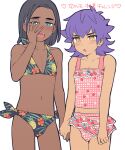  2boys bangs bare_arms bikini black_hair blush bright_pupils bulge collarbone commentary_request crossdressing dark-skinned_male dark_skin earrings hand_up heart holding_hands jewelry leon_(pokemon) male_focus mj_(11220318) multiple_boys navel pink_swimsuit pokemon pokemon_(game) pokemon_swsh purple_hair raihan_(pokemon) side-tie_bikini simple_background swimsuit translation_request white_background white_pupils yellow_eyes younger 