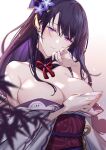  1girl blurry blurry_foreground breasts bright_pupils cup depth_of_field detached_collar flower genshin_impact hair_flower hair_ornament hand_to_own_mouth head_tilt japanese_clothes kimono kimono_pull large_breasts long_hair mole mole_under_eye nail_polish obi purple_eyes purple_hair purple_nails raiden_shogun sakazuki sash solo sweat xion32 