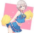  1girl :d absurdres anastasia_(idolmaster) aqua_eyes armpit_crease azu_ankoowl blurry blurry_background blush breasts cheerleader cowboy_shot crop_top dutch_angle grey_hair highres holding holding_pom_poms idolmaster idolmaster_cinderella_girls looking_at_viewer medium_breasts midriff miniskirt open_mouth pleated_skirt pom_pom_(cheerleading) print_shirt shirt short_hair simple_background skirt sleeveless sleeveless_shirt smile solo sweatdrop 