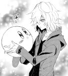  1boy :o anoko_(darenokoanoko) blush boku_no_hero_academia buttons collarbone commentary_request from_side greyscale highres holding_person hood hood_down hooded_jacket jacket kirby kirby_(series) long_sleeves looking_at_another male_focus medium_hair messy_hair monochrome profile scar scar_on_face scar_on_mouth shigaraki_tomura shirt shoes translation_request upper_body wrinkled_skin 