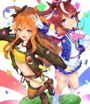  2girls animal_ears blue_eyes brown_hair commentary_request gloves hair_between_eyes highres horse_ears horse_girl horse_tail jacket leg_up long_hair looking_at_viewer makina9696 mayano_top_gun_(umamusume) multiple_girls open_mouth orange_eyes orange_hair salute shorts tail tokai_teio_(umamusume) umamusume 