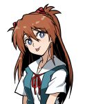  1girl bangs blue_eyes brown_hair commentary eyebrows_visible_through_hair hair_between_eyes interface_headset long_hair looking_at_viewer neon_genesis_evangelion red_ribbon ribbon sasihmi school_uniform short_sleeves simple_background solo souryuu_asuka_langley tongue tongue_out upper_body white_background 
