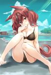  1girl absurdres animal_ears artist_request blush breasts brown_eyes cleavage closed_mouth collarbone commentary_request highres horse_ears horse_girl horse_tail looking_at_viewer medium_breasts medium_hair nice_nature_(umamusume) pool red_hair sitting sky solo swimsuit tail umamusume wet 