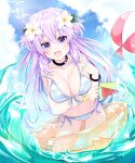  1girl absurdres adult_neptune bikini black_choker bracelet breasts choker eyebrows_visible_through_hair giga-tera hair_ornament highres huge_filesize innertube jewelry long_hair looking_at_viewer medium_breasts neptune_(series) ocean open_mouth outdoors purple_eyes purple_hair shin_jigen_game_neptune_vii short_hair smile swimsuit 