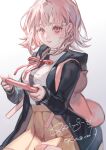  1girl absurdres animal_bag backpack bag bangs black_jacket black_shirt blush breasts brown_skirt cat_bag commentary_request danganronpa_(series) danganronpa_2:_goodbye_despair dated flipped_hair galaga grey_(pixiv_13553019) hair_ornament hairclip handheld_game_console highres holding holding_handheld_game_console hood hood_down hooded_jacket jacket light_brown_hair long_sleeves looking_at_viewer medium_breasts medium_hair nanami_chiaki neck_ribbon open_clothes open_jacket parted_lips pink_bag pink_ribbon pleated_skirt ribbon shirt shirt_tucked_in signature simple_background skirt smile teeth two-tone_shirt white_background white_shirt 