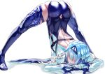 1girl arm_rest ass back_cutout bangs blue_gloves blue_hair blue_legwear blue_leotard boots capelet closed_mouth clothing_cutout covered_eyes eula_(genshin_impact) flexible from_side full_body genshin_impact gloves hair_ornament hairband head_rest highres jack-o&#039;_challenge leotard light_blue_hair meme simple_background solo thigh_boots thighhighs top-down_bottom-up uenoryoma white_background white_sleeves 