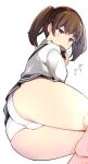  1girl ass black_skirt brown_eyes brown_hair eating eyebrows_visible_through_hair food ippongui kantai_collection lying on_side panties ryuujou_(kancolle) senbei skirt solo suspender_skirt suspenders thighs twintails underwear white_background white_panties 