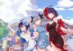  3girls :d :o absurdres ai_ke_le_de_xiao_hong antenna_hair armpits bag bangs bare_shoulders blue_dress blue_eyes blue_hair blue_sky breasts bronya_zaychik building china_dress chinese_clothes city cleavage closed_eyes closed_mouth cloud cloudy_sky dress drill_hair dual_persona flower grey_eyes grey_hair hair_between_eyes hair_flower hair_ornament hair_ribbon hand_up highres honkai_(series) honkai_impact_3rd huge_filesize multiple_girls open_mouth outdoors red_dress red_eyes red_hair ribbon seele_(alter_ego) seele_vollerei seele_vollerei_(stygian_nymph) shopping shopping_bag short_hair short_sleeves sky sleeveless sleeveless_dress smile tree twin_drills white_dress 