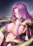  1girl areola_slip areolae arms_behind_back bangs bare_shoulders breasts bustier claws collarbone eyebrows_visible_through_hair eyes_visible_through_hair fate/grand_order fate_(series) forehead gorgon_(fate) hair_over_breasts kiasa large_breasts long_hair looking_at_viewer medusa_(fate) monster_girl navel parted_bangs parted_lips pelvic_curtain purple_eyes purple_hair scales sidelocks snake_hair snake_tail sweat tail thighs very_long_hair 