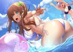  .live ass ball beachball birotyoutin blue_eyes breasts brown_hair carro_pino cleavage collarbone commentary_request hair_ornament headband highres kakyouin_chieri large_breasts lens_flare long_hair looking_at_viewer ocean open_mouth purple_eyes purple_hair sky swimsuit virtual_youtuber water 