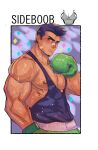  1boy alternate_pectoral_size bandaid bandaid_on_cheek bandaid_on_nose bara bare_pectorals bare_shoulders black_hair black_tank_top blush boxing_gloves commentary dark-skinned_male dark_skin english_commentary english_text green_eyes highres large_pectorals little_mac male_focus meme muscular muscular_male nipples pectorals punch-out!! robokeh shirt_cut_meme short_hair sideburns sleeveless solo street_fighter street_fighter_ii_(series) sweat tank_top 