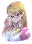  1girl blonde_hair breasts brown_eyes button_gap cleavage collared_shirt ear_piercing eyebrows_visible_through_hair fullmetal_alchemist glasses hand_on_eyewear haoni highres large_breasts long_hair looking_at_viewer piercing riza_hawkeye shirt simple_background solo upper_body white_background 