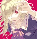  1girl blonde_hair bow collar dress long_hair maribel_hearn ok_sign open_mouth purple_bow purple_dress purple_neckwear re_ghotion red_background red_eyes solo touhou white_collar 