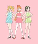  1960s_(style) 3girls bangs belt blossom_(ppg) blue_eyes bob_cut bow bubbles_(ppg) buttercup_(ppg) child choker collared_dress dress earrings fashion flat_chest green_dress green_eyes hair_bobbles hair_bow hair_ornament hairband headband heart heart_earrings heart_necklace heart_print high_heels highres jewelry leggings multiple_girls petite pink_background pink_bow pink_dress pink_eyes ponytail powerpuff_girls print_dress retro_artstyle rikuwo short_hair siblings sisters socks twintails vintage_clothes white_legwear 