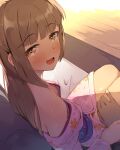  1boy 1girl bangs blunt_bangs blush breasts brown_eyes brown_hair cleavage commentary_request downblouse eyebrows_visible_through_hair female_pubic_hair floral_print hand_on_another&#039;s_thigh highres idolmaster idolmaster_cinderella_girls japanese_clothes kimono long_hair looking_at_viewer looking_back medium_breasts open_mouth pink_kimono print_kimono pubic_hair seneto sitting smile solo_focus thighs yorita_yoshino 