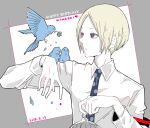  1boy animal_on_shoulder awara_kayu bangs bird bird_on_shoulder birdcage blonde_hair blue_bird cage character_name collared_shirt commentary_request dated flower grey_background grey_eyes happy_birthday heart holding long_sleeves male_focus nakarai_keijin necktie pale_skin parted_bangs polka_dot_neckwear shirt short_hair simple_background solo tokyo_ghoul tokyo_ghoul:re upper_body white_background 