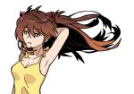  1girl arm_behind_head blue_eyes breasts brown_hair cleavage commentary dress eyebrows_visible_through_hair long_hair medium_breasts neon_genesis_evangelion open_mouth red_headwear sad sasihmi simple_background solo souryuu_asuka_langley tagme white_background yellow_dress 