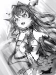  1girl :d breasts glint greyscale highres hololive horns irys_(hololive) medium_breasts monochrome multiple_horns nanashi_(nlo) open_mouth pointy_ears skirt smile solo upper_body virtual_youtuber 