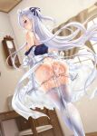  1girl after_sex ass azur_lane back bangs bare_shoulders belfast_(azur_lane) blue_eyes blush braid breasts commentary_request cum cum_in_pussy cum_on_ass cum_on_body french_braid highres hisasi large_breasts long_hair looking_at_viewer looking_back off_shoulder panties panty_pull solo thighhighs thighs underwear white_hair white_legwear white_panties 