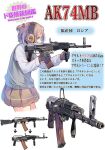  1girl ak-74 ak-74m assault_rifle blue_eyes brown_hair bullpup daito ear_covers english_text foregrip gun hair_ornament hiragana information_sheet kalashnikov_rifle kanji katakana magazine_(weapon) rifle translation_request weapon 