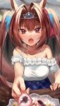  1girl absurdres animal_ears blush breasts commentary_request daiwa_scarlet_(umamusume) eyebrows_visible_through_hair food hair_between_eyes hair_ribbon highres horse_ears horse_girl horse_tail large_breasts long_hair looking_at_viewer motion_blur open_mouth pov red_eyes red_hair red_ribbon ribbon solo spoon tail tail_wagging teeth tiara torriet twintails umamusume upper_teeth 
