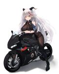  1girl aegir_(azur_lane) armored_boots azur_lane bare_shoulders black_footwear bmw bodystocking boots breast_curtains breasts cleavage cross cross_earrings demon_horns earrings full_body ground_vehicle highres horns impossible_clothes iron_cross jewelry knee_boots large_breasts long_hair looking_at_viewer motor_vehicle motorcycle multicolored_hair red_hair ru_yan simple_background single_knee_boot skin_tight skindentation streaked_hair two-tone_hair very_long_hair white_hair yellow_eyes 