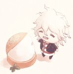  1boy bangs black_jacket black_pants blush chain chained chibi closed_eyes commentary_request danganronpa_(series) danganronpa_another_episode:_ultra_despair_girls food food_on_face highres hougu_(hougu_kmh) jacket komaeda_nagito long_sleeves male_focus messy_hair open_clothes open_jacket open_mouth pants red_shirt shirt short_hair solo striped striped_shirt white_shirt 