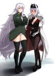  2girls absurdres arms_under_breasts azur_lane black_footwear black_gloves black_headwear black_jacket black_legwear blush boots bra bra_peek breasts burns5 cape capelet cleavage coat cosplay costume_switch crossover full-face_blush fur-trimmed_cape fur_trim glasses gloves graf_zeppelin_(azur_lane) green_coat hat head_wings heidimarie_w._schnaufer highres jacket large_breasts light_purple_hair long_hair military military_uniform miniskirt multiple_girls panties pantyhose peaked_cap red_eyes shadow shoes simple_background skirt strike_witches thighband_pantyhose thighhighs underwear uniform very_long_hair white_background white_cape white_capelet white_hair white_panties white_skirt world_witches_series 