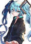 1girl absurdres alternate_costume aqua_eyes aqua_hair bangs black_jacket closed_mouth eyebrows_visible_through_hair hatsune_miku headset highres jacket long_hair long_sleeves looking_at_viewer murayo simple_background solo twintails upper_body very_long_hair vocaloid white_background 